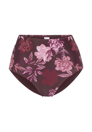 Højtaljet bikini bund i mørk burgundy med store lyserøde blomster med grønne blade. Blødt stof med elastisk talje.
