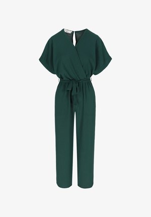 Tume roheline lühikeste varrukatega jumpsuit V-kaelusega, nööri vöökohaga ja laia jala pükstega.