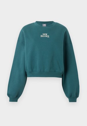 Prátelná modrozelená mikina s dlouhými nafouklými rukávy a logem "New Balance" uprostřed na hrudi v bílém textu.