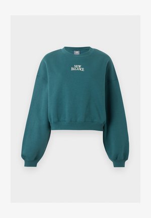 Prátelná modrozelená mikina s dlouhými nafouklými rukávy a logem "New Balance" uprostřed na hrudi v bílém textu.