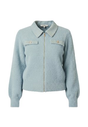 Veste zippée bleu clair en tissu pelucheux avec col, manches longues et deux poches poitrine à boutons.