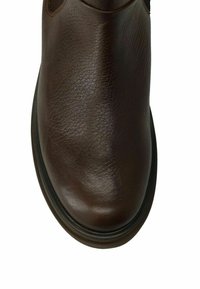Brown leather ankle boot with a rounded toe, textured finish, and a black rubber sole. Side elastic panels for ease of wear.
