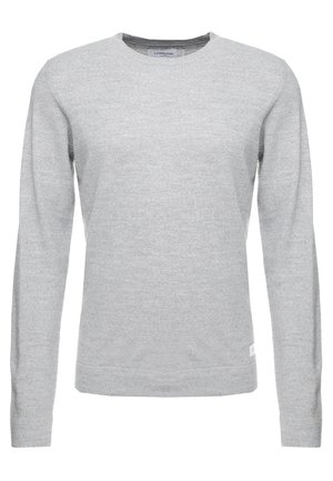 Hellgrauer Pullover, lange Ärmel, Rundhalsausschnitt, weiche Textur, minimalistisches Design, kleines Logoetikett am unteren linken Saum.