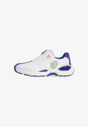 Chaussure de sport blanche et violette avec des accents jaune néon sur la semelle, une fermeture par molette BOA et un petit logo Adidas rouge sur le côté.