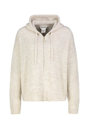 Beige gebreide hoodie met ritssluiting en trekkoorden, geribde boorden en zoom, afgebeeld op een witte achtergrond.