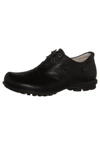 Black leather shoe with a rounded toe, features thin laces, textured upper, and a low rubber sole with small treads for grip.