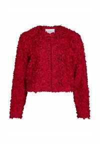 Veste rouge courte en tissu texturé avec des appliqués floraux, dotée de manches longues et d'un col rond. Sans fermetures visibles.
