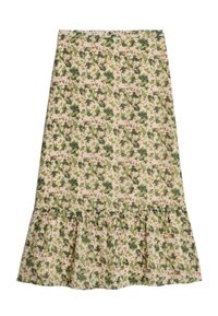 Jupe florale avec un fond beige et des motifs de feuilles vertes et brunes, ourlet en volants et taille ajustée.