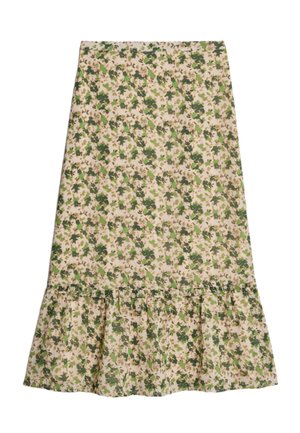 Jupe florale avec un fond beige et des motifs de feuilles vertes et brunes, ourlet en volants et taille ajustée.