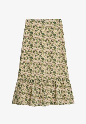 Gonna floreale con uno sfondo beige e motivi di foglie verdi e marroni, orlo inferiore a volant e vita aderente.