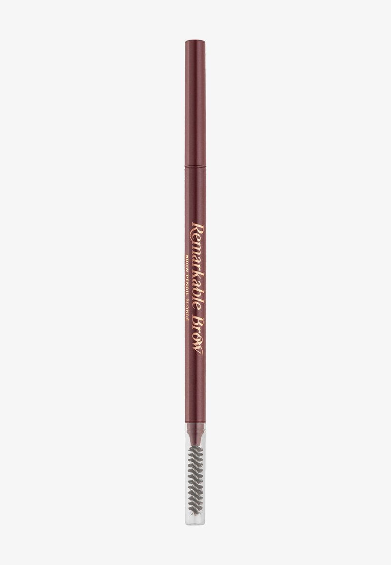 Pencil per sopracciglia in packaging borgogna scuro. Presenta un design retrattile, con doppia estremità e un pennello spoolie per la cura, e una punta di matita fine per la precisione.