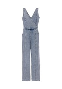 Denim jumpsuit met een V-hals en wikkeldesign. Heeft wijde pijpen, zijzakken en verticale naden. Lichtblauwe kleur met een gestructureerde afwerking.