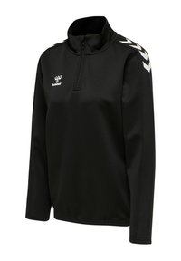 Sort langærmet sports pullover med kvart lynlås, hvide Chevron-striber på skuldrene og lille hvid hummel-logo på brystet.