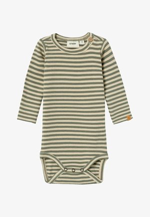 Žalias ir kremas juostuotas bodis ilgomis rankovėmis, su raukšlėta tekstūra, apvaliu iškirpimu, mygtukų užsegimu ant peties ir snapais apačioje.