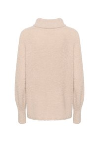 Pull beige à col roulé en tissu duveteux avec manches longues et coupe décontractée, présenté de dos sur fond blanc.