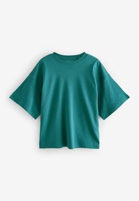 Større teal bomulds t-shirt med korte ærmer, en rund halsudskæring og glat tekstur. Enkelt design, ingen mønstre eller pynt.