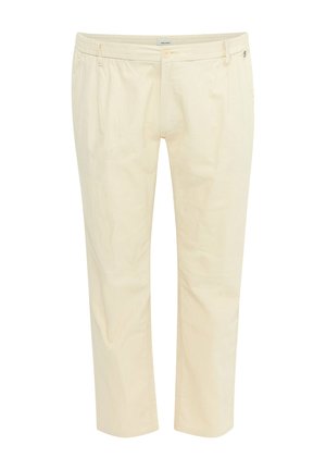 Beige puuvillaseguga püksid sirge lõikega, millel on elastne vöökoht, eesmine taskud ja üksnupp sulgemiseks.