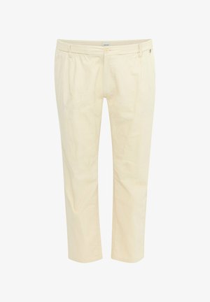 Beige puuvillaseguga püksid sirge lõikega, millel on elastne vöökoht, eesmine taskud ja üksnupp sulgemiseks.