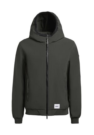 Giacca bomber verde oliva con cappuccio, zip frontale, tasche laterali e polsini a coste. Materiale esterno liscio e un dettaglio del logo minimale all'orlo.
