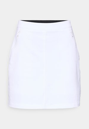 White mini skirt with a smooth texture, featuring side zip pockets, a fitted waistband, and a clean, minimalistic design.