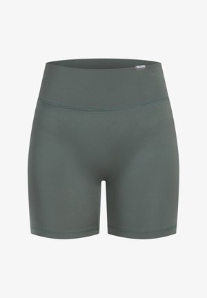 Fittende shorts in een gedempt groene kleur. Gemaakt van een gladde, rekbare stof met een hoge tailleband. Geen zichtbare patronen of hardwaredetails.