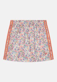 Květinová sukně s bílým pozadím, zdobená vícebarevnými květinami. Oranžové boční pruhy dodávají designu detail. Hladká textilie.