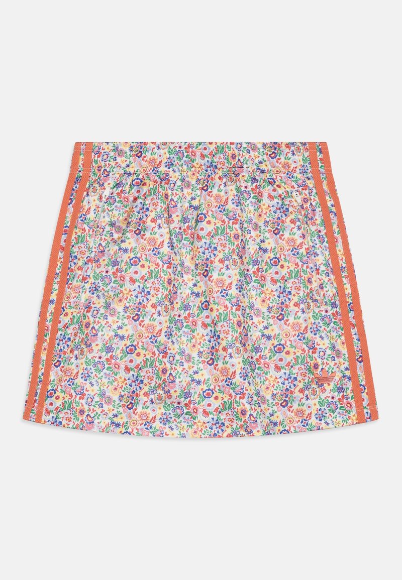Květinová sukně s bílým pozadím, zdobená vícebarevnými květinami. Oranžové boční pruhy dodávají designu detail. Hladká textilie.