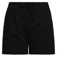 Schwarze Shorts mit mittlerer Leibhöhe, Kordelzugbund und Gürtelschlaufen, gerader Schnitt, knielang, einfarbiger Stoff, keine sichtbaren Muster oder Logos.