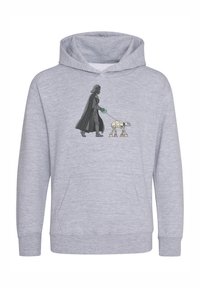 Felpa grigia con cappuccio caratterizzata da una grafica di un personaggio in un mantello nero che scorta un piccolo creatura robotica al guinzaglio.