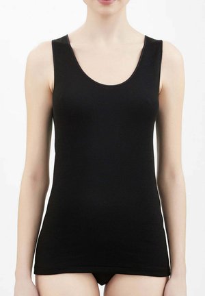 Canotta nera senza maniche con scollo rotondo e design aderente. Realizzata in tessuto liscio, presenta cuciture minime e una silhouette elegante.