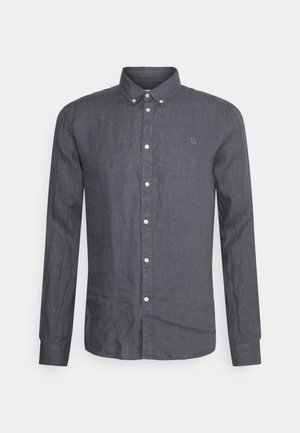Camicia grigia scuro a maniche lunghe in una miscela leggera di lino, con colletto button-down, patta frontale e dettagli ricamati sottili.