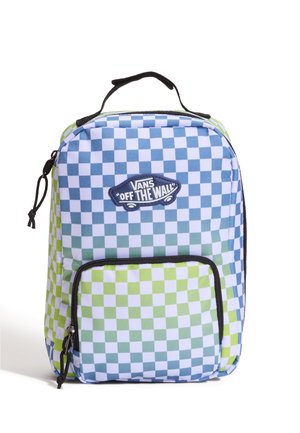 Plecak z niebiesko-zielonym wzorem w kratę i logo Vans "Off The Wall" na przedniej kieszeni z czarnym zamkiem błyskawicznym i rączką.