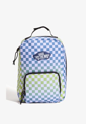 Plecak z niebiesko-zielonym wzorem w kratę i logo Vans "Off The Wall" na przedniej kieszeni z czarnym zamkiem błyskawicznym i rączką.