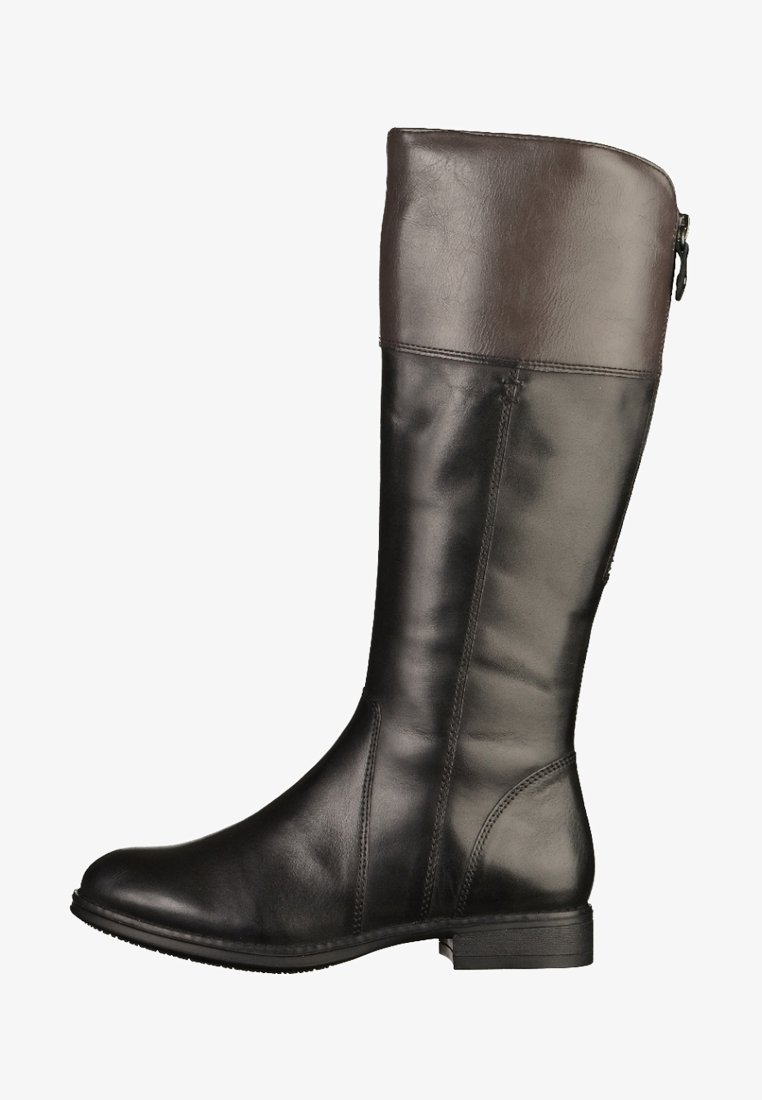 Botte en cuir noir montant jusqu'au genou avec un revers marron foncé, talon bas, bout arrondi et fermeture éclair latérale.