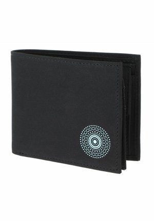 Black bi-fold wallet with a light blue circular dotted pattern in the bottom right corner on the front side.