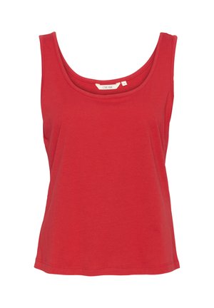 Rotes ärmelloses Tanktop aus weicher Baumwolle. Verfügt über einen runden Halsausschnitt und eine entspannte Passform mit geradem Saum. Etikett innen sichtbar.