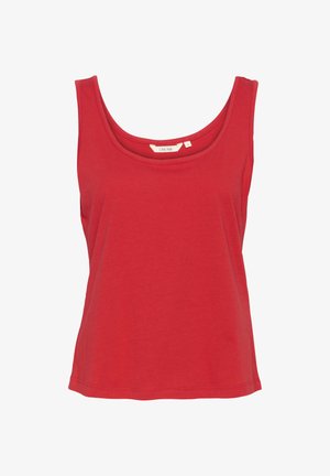 Rotes ärmelloses Tanktop aus weicher Baumwolle. Verfügt über einen runden Halsausschnitt und eine entspannte Passform mit geradem Saum. Etikett innen sichtbar.
