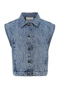 Denim vest in lichtblauw met een zebra-patroon, mouwloos design, knopen aan de voorkant en een geborduurd "LR" logo op de borst.