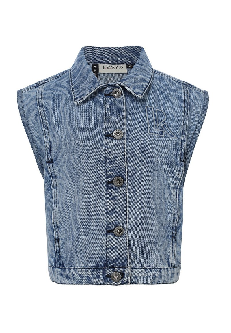 Denim vest in lichtblauw met een zebra-patroon, mouwloos design, knopen aan de voorkant en een geborduurd "LR" logo op de borst.