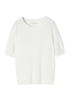 Valge ribatoosi kudumisega lühikeste varrukatega sviiter, millel on lai kaelus ja lõdvalt istuv disain. Materjal näeb välja pehme ja sileda tekstuuriga.