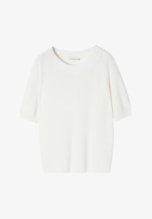 Fehér bordázott kötött rövid ujjú pulóver széles nyakkivágással és laza illeszkedéssel. Az anyag lágy tapintású, sima textúrával rendelkezik.