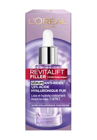 Sérum anti-rides Revitalift Filler de L’Oréal Paris dans un flacon en verre transparent avec une teinte violette, doté d'un compte-gouttes blanc et d'accents argentés.