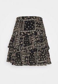 Černá sukňa ve vrstevnatém střihu s paisley a květinovým vzorem v béžové barvě, s volánkovým lemem a elastickým pasem pro pohodlné nošení.