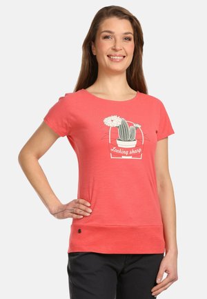 Coral short-sleeved t-shirt made of soft fabric, featuring a cactus graphic with flowers and the text "Looking sharp" in white.