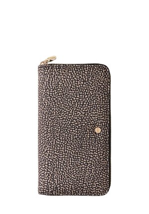 Textured wallet in black with abstract beige pattern; gold zipper and circular accent; rectangular shape, smooth fabric finish.