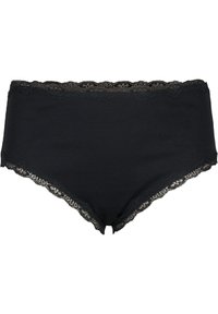 Black cotton brief with lace trim along the waistband and leg openings, featuring a ribbed texture and scalloped edges.