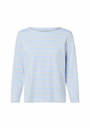 Light blue long-sleeve top with horizontal stripes in shades of blue and grey. Round neckline and soft fabric with a relaxed fit.