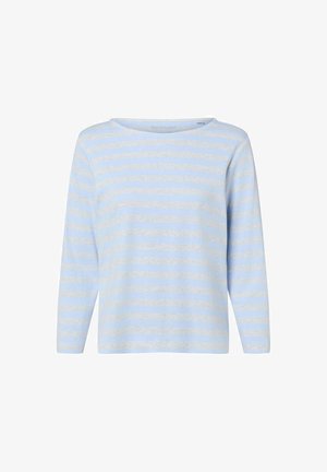 Hellblaues Langarmshirt mit horizontalen Streifen in Blau- und Grautönen. Rundhalsausschnitt und weicher Stoff mit lockerem Schnitt.