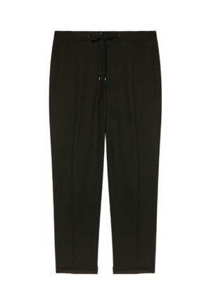 Pantalon de survêtement vert olive foncé en tissu doux, doté d'une taille à cordon, de deux poches latérales et de jambes fuselées avec des poignets élastiques.