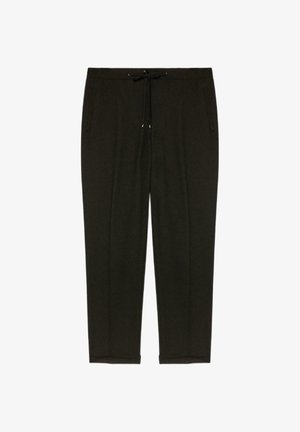 Donkergroene joggingbroek van zachte stof, voorzien van een trekkoord in de taille, twee zijzakken en taps toelopende pijpen met elastische boorden.